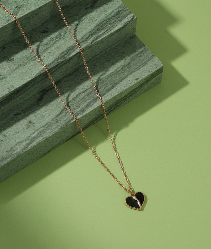 Rose Gold Plated Black Heart American Diamond Chain Pendant for Women & Girls | Short Brass & Copper Necklace | CP-47