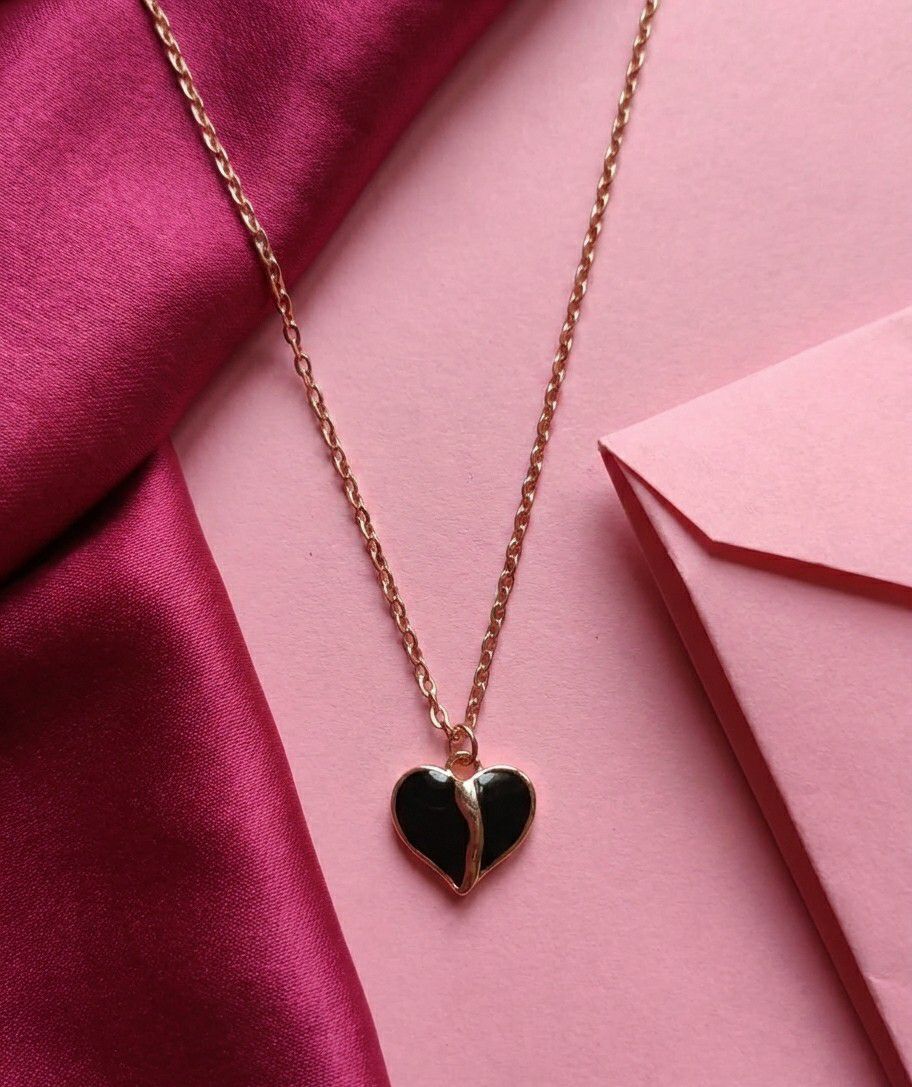 Rose Gold Plated Black Heart American Diamond Chain Pendant for Women & Girls | Short Brass & Copper Necklace | CP-47