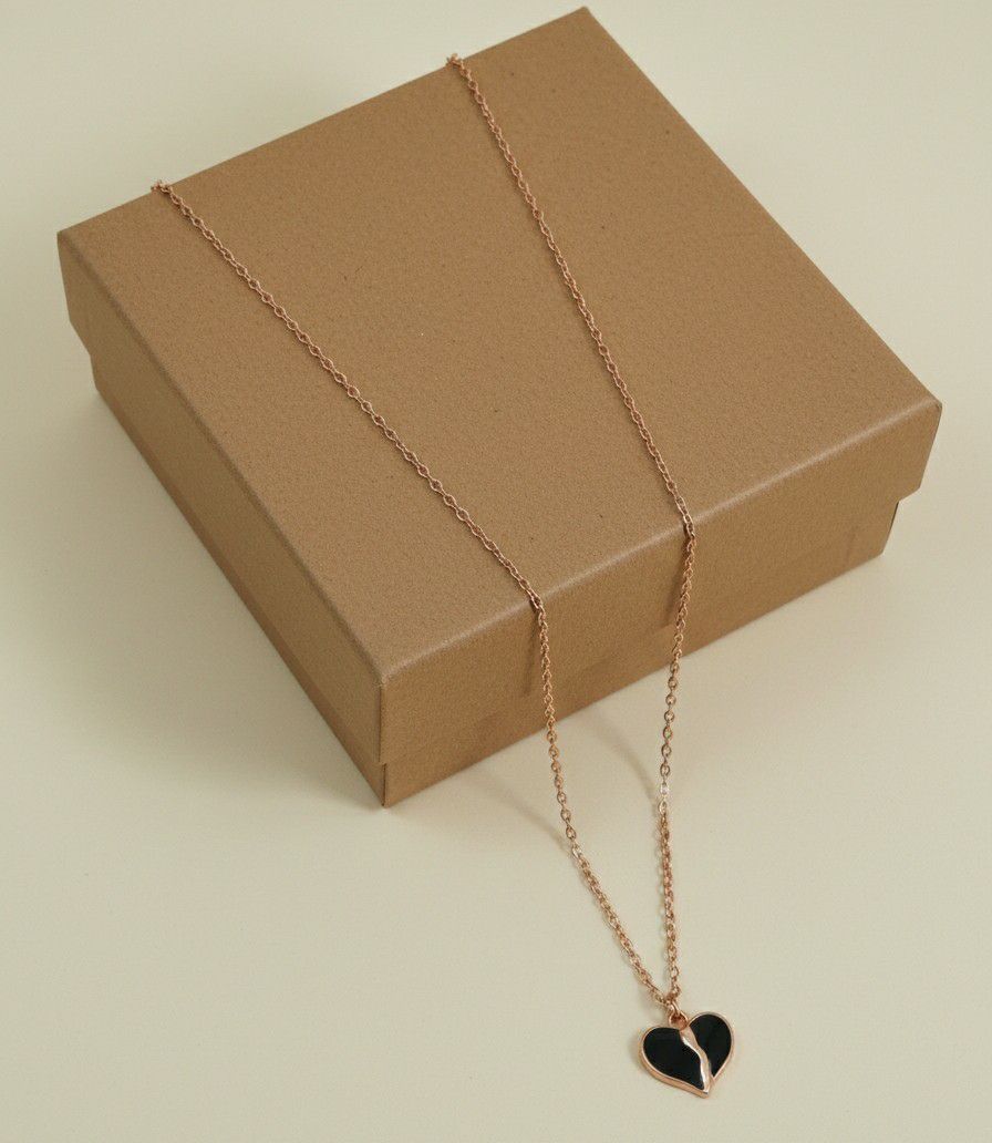 Rose Gold Plated Black Heart American Diamond Chain Pendant for Women & Girls | Short Brass & Copper Necklace | CP-47