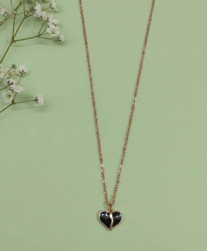 Rose Gold Plated Black Heart American Diamond Chain Pendant for Women & Girls | Short Brass & Copper Necklace | CP-47