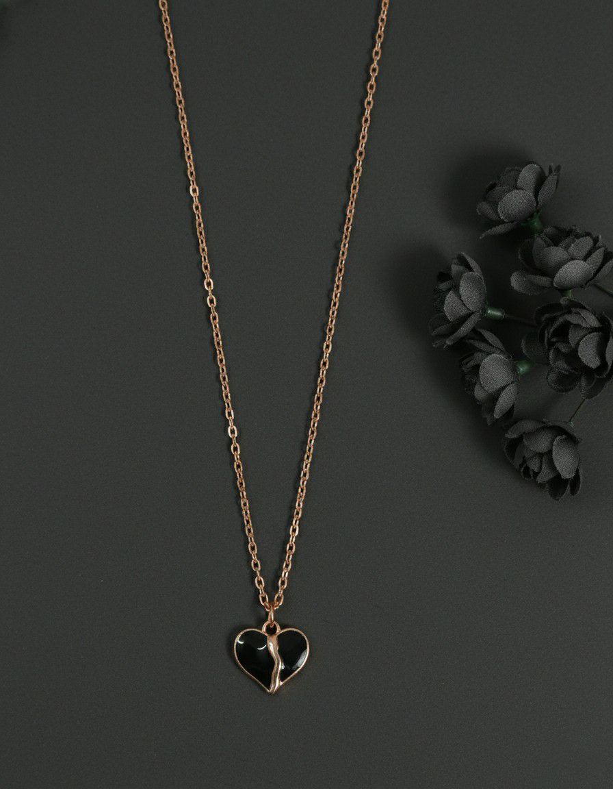Rose Gold Plated Black Heart American Diamond Chain Pendant for Women & Girls | Short Brass & Copper Necklace | CP-47