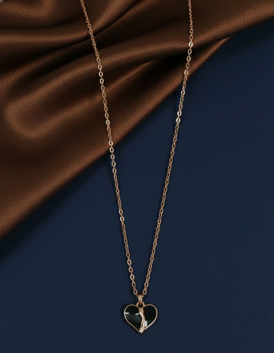 Rose Gold Plated Black Heart American Diamond Chain Pendant for Women & Girls | Short Brass & Copper Necklace | CP-47
