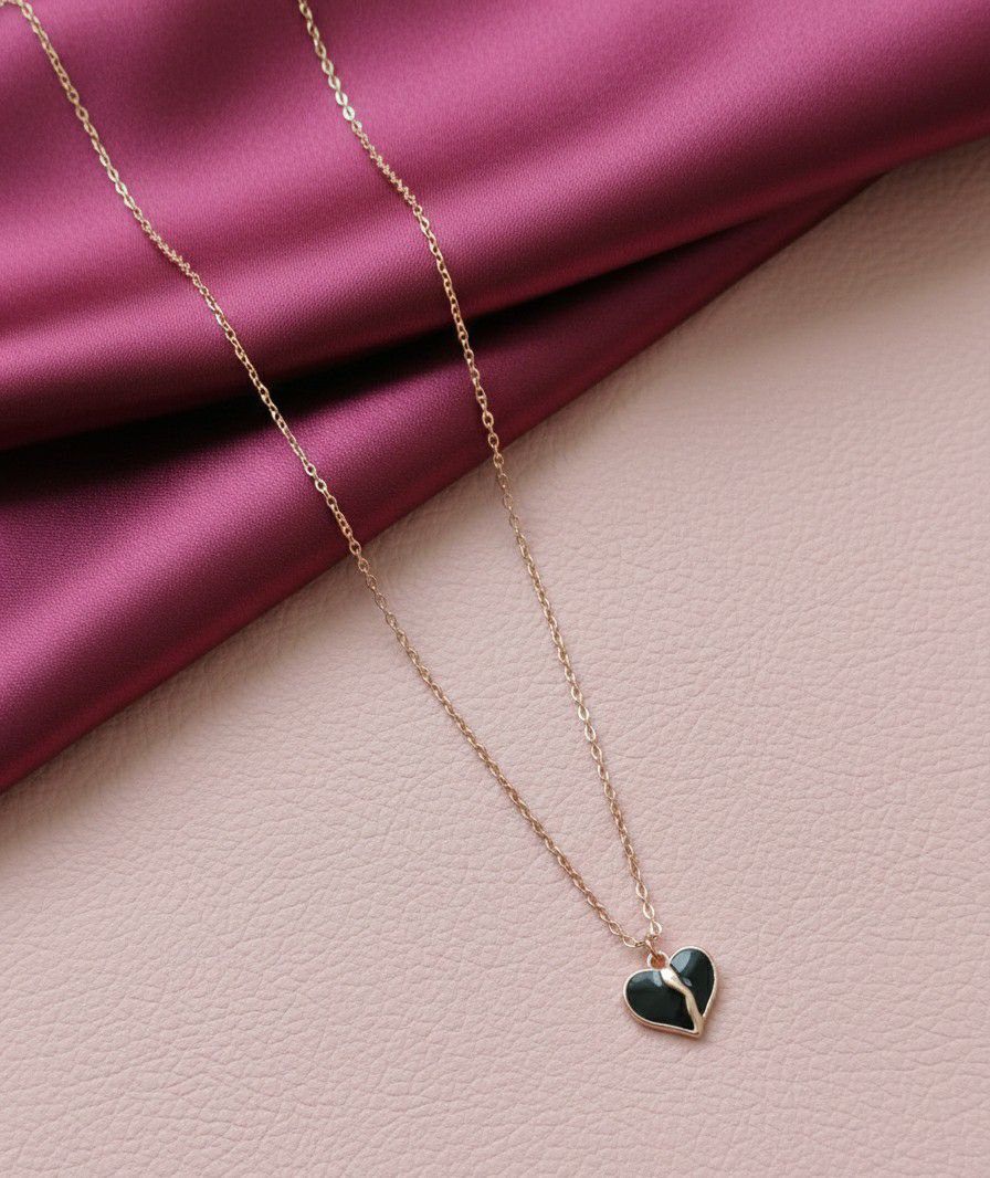 Rose Gold Plated Black Heart American Diamond Chain Pendant for Women & Girls | Short Brass & Copper Necklace | CP-47