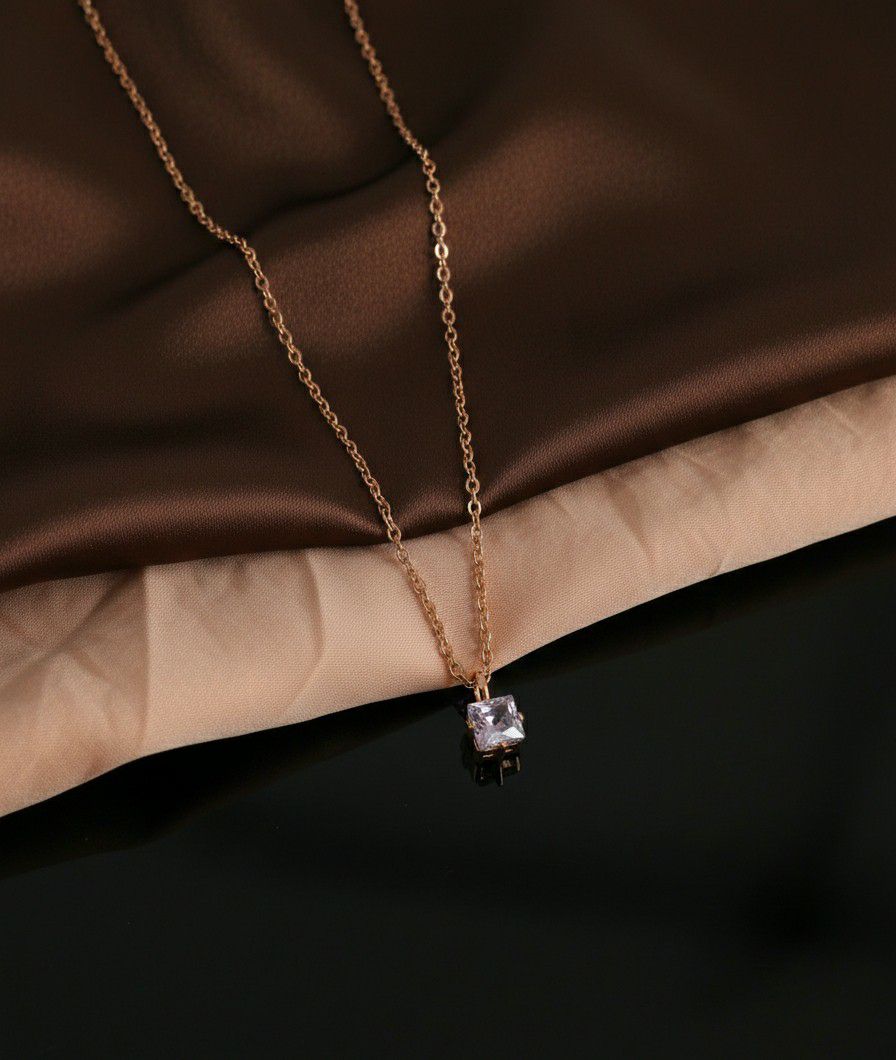 Rose Gold Plated American Diamond Chain Pendant for Women & Girls | Short Brass & Copper Pendant Necklace | Minimal Jewellery | CP-48
