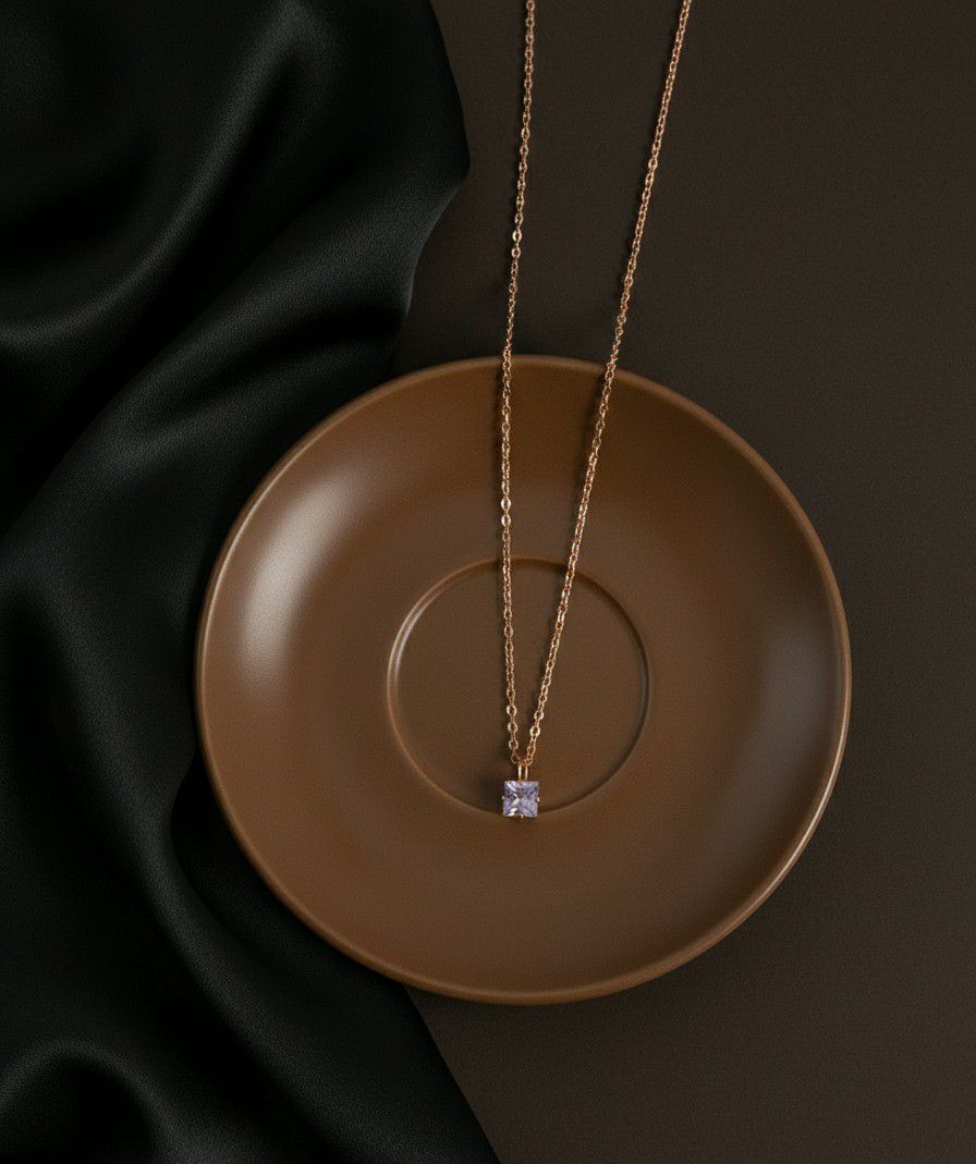 Rose Gold Plated American Diamond Chain Pendant for Women & Girls | Short Brass & Copper Pendant Necklace | Minimal Jewellery | CP-48