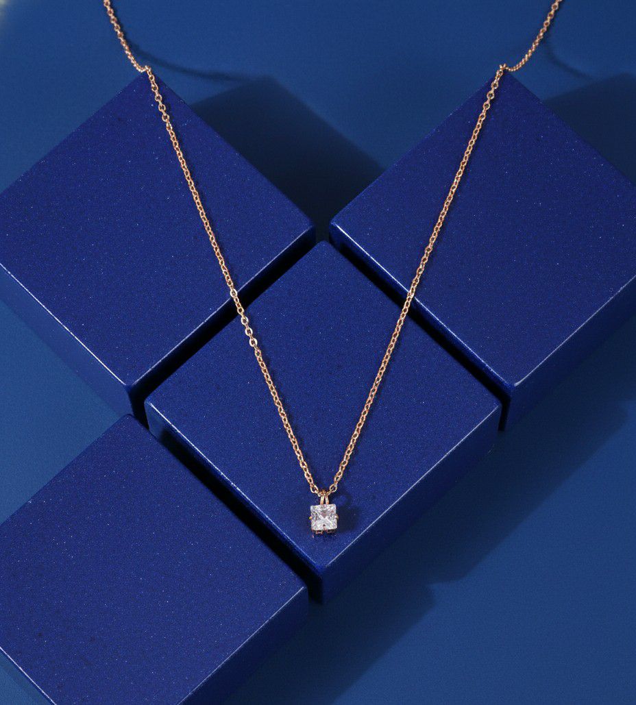 Rose Gold Plated American Diamond Chain Pendant for Women & Girls | Short Brass & Copper Pendant Necklace | Minimal Jewellery | CP-48
