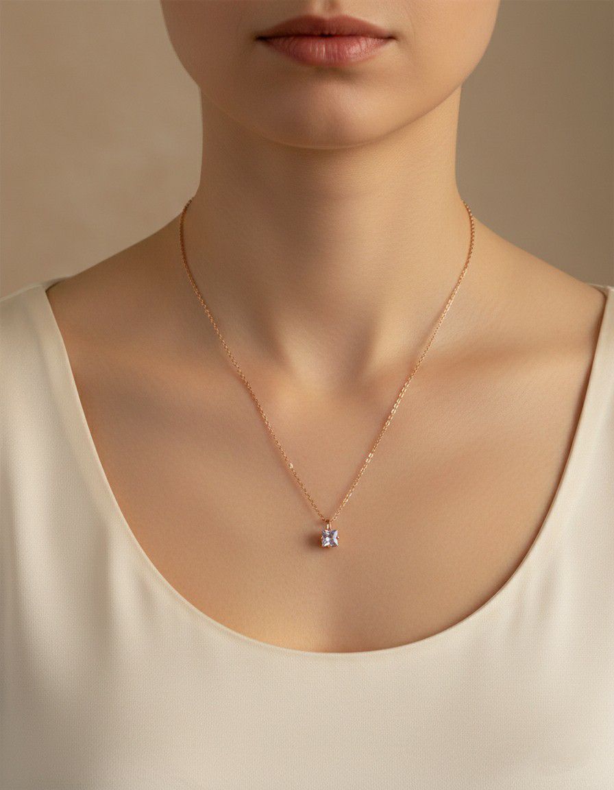 Rose Gold Plated American Diamond Chain Pendant for Women & Girls | Short Brass & Copper Pendant Necklace | Minimal Jewellery | CP-48