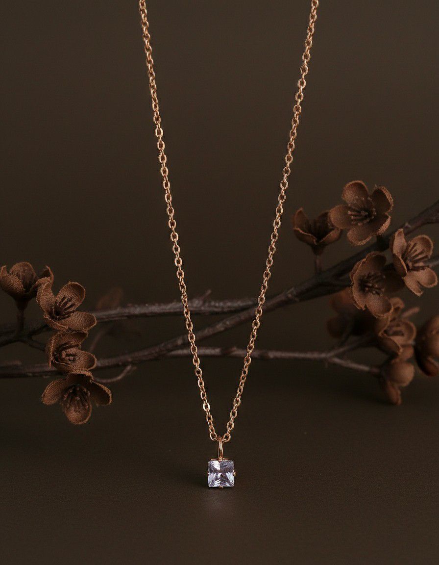 Rose Gold Plated American Diamond Chain Pendant for Women & Girls | Short Brass & Copper Pendant Necklace | Minimal Jewellery | CP-48
