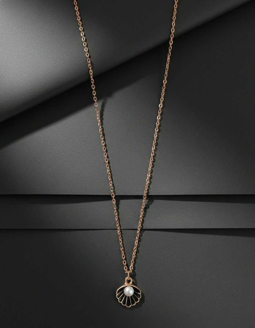 Rose Gold Plated Shell Pearl Chain Pendant for Women & Girls | Short Brass & Copper Pendant Necklace | Minimal Jewellery | CP-49