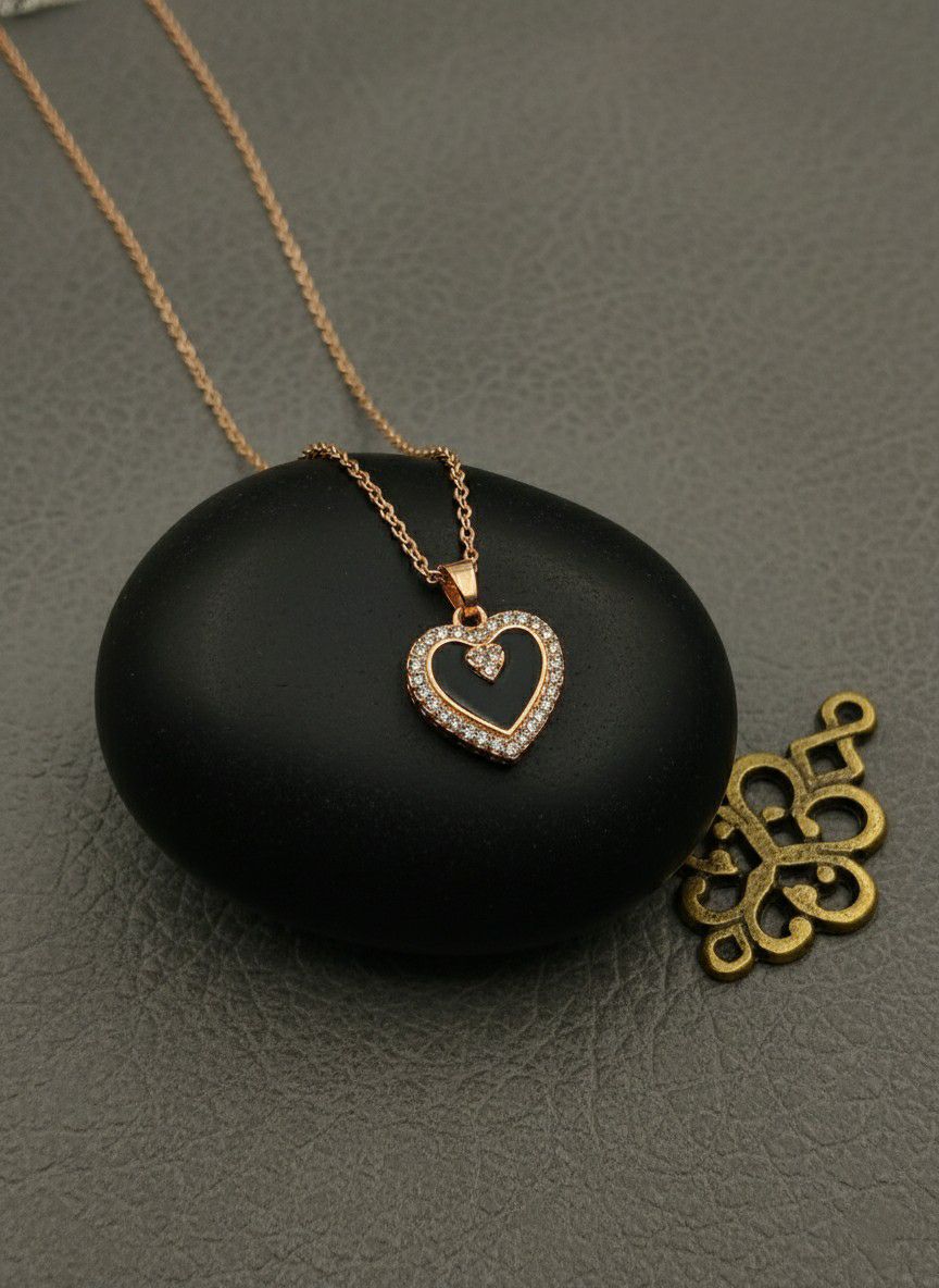 Rose Gold Plated American Diamond Heart Pendant Chain for Women | Short Heart Necklace | Brass & Steel Jewellery | CP-35