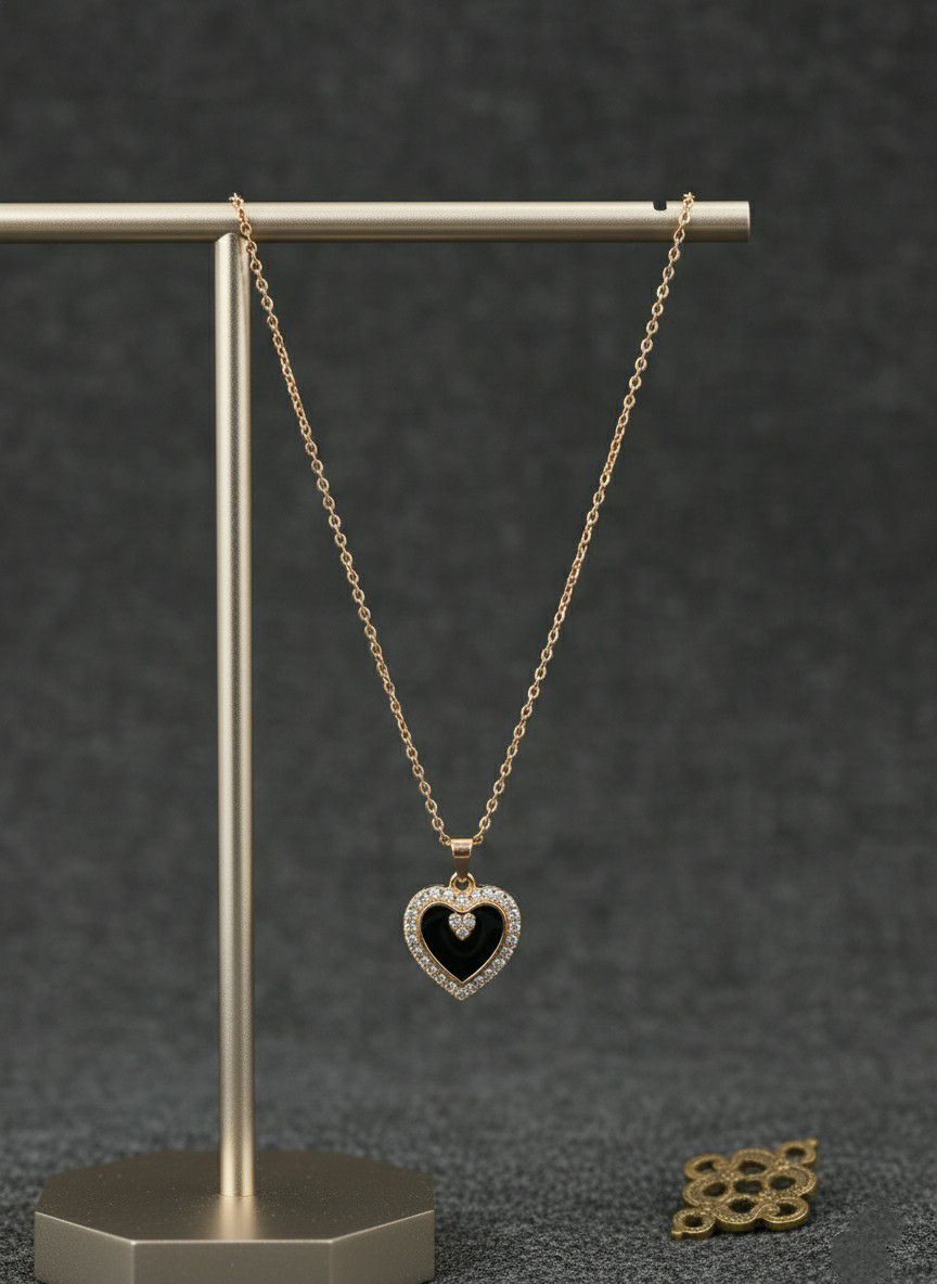 Rose Gold Plated American Diamond Heart Pendant Chain for Women | Short Heart Necklace | Brass & Steel Jewellery | CP-35