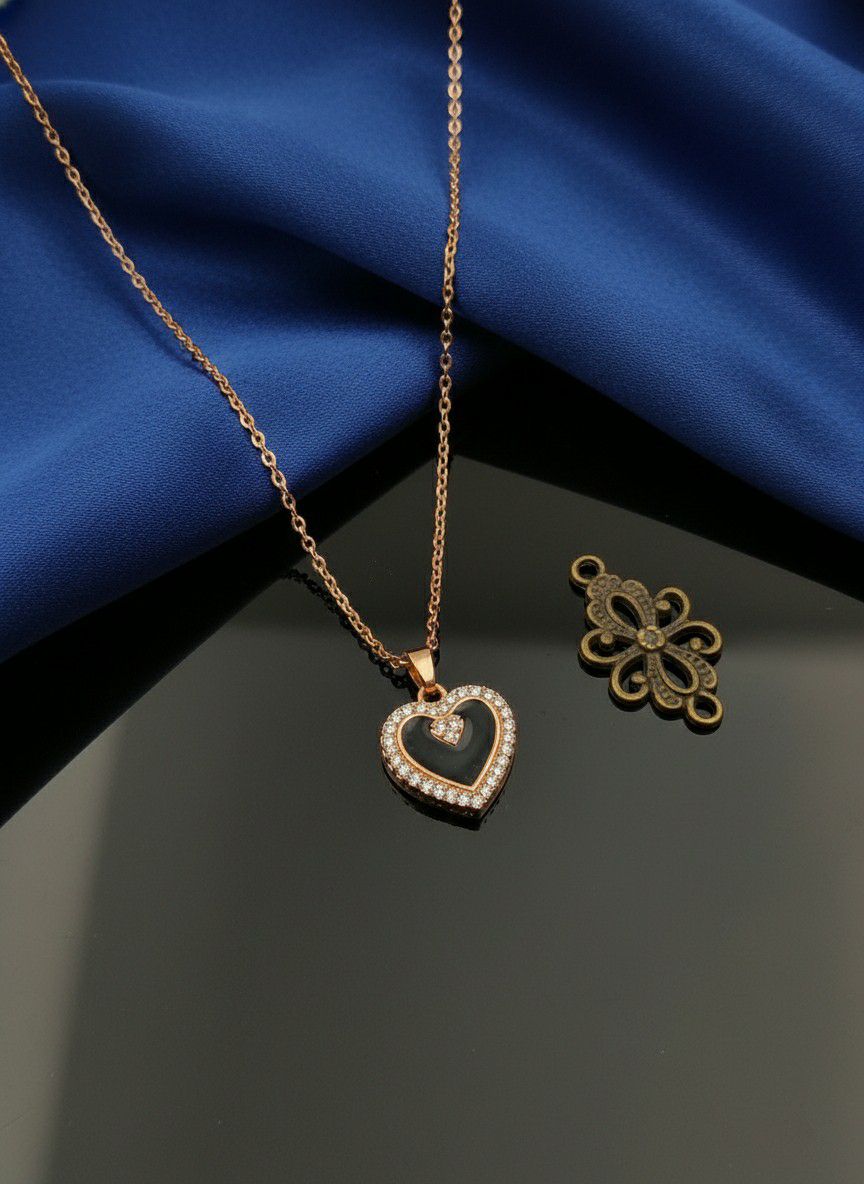 Rose Gold Plated American Diamond Heart Pendant Chain for Women | Short Heart Necklace | Brass & Steel Jewellery | CP-35