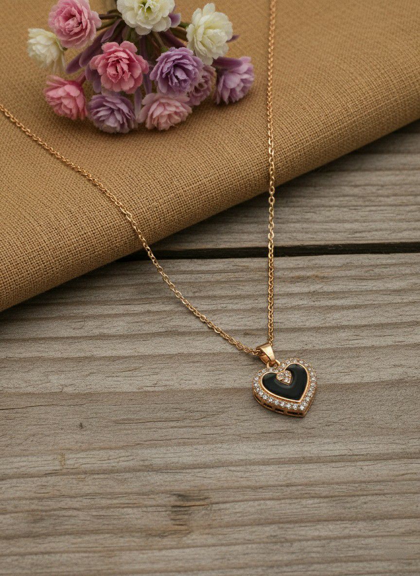 Rose Gold Plated American Diamond Heart Pendant Chain for Women | Short Heart Necklace | Brass & Steel Jewellery | CP-35
