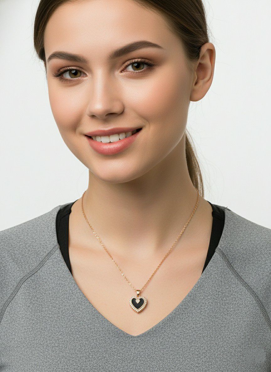 Rose Gold Plated American Diamond Heart Pendant Chain for Women | Short Heart Necklace | Brass & Steel Jewellery | CP-35
