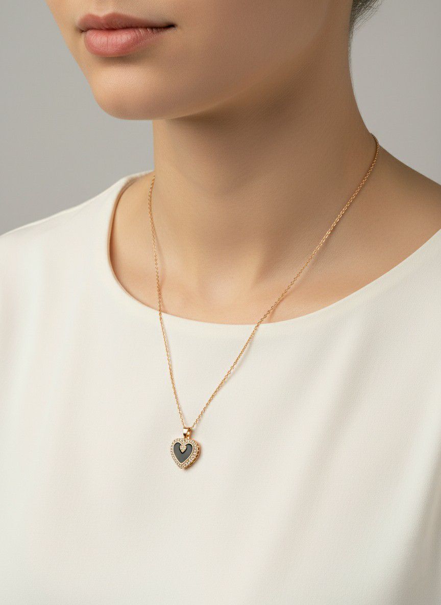 Rose Gold Plated American Diamond Heart Pendant Chain for Women | Short Heart Necklace | Brass & Steel Jewellery | CP-35
