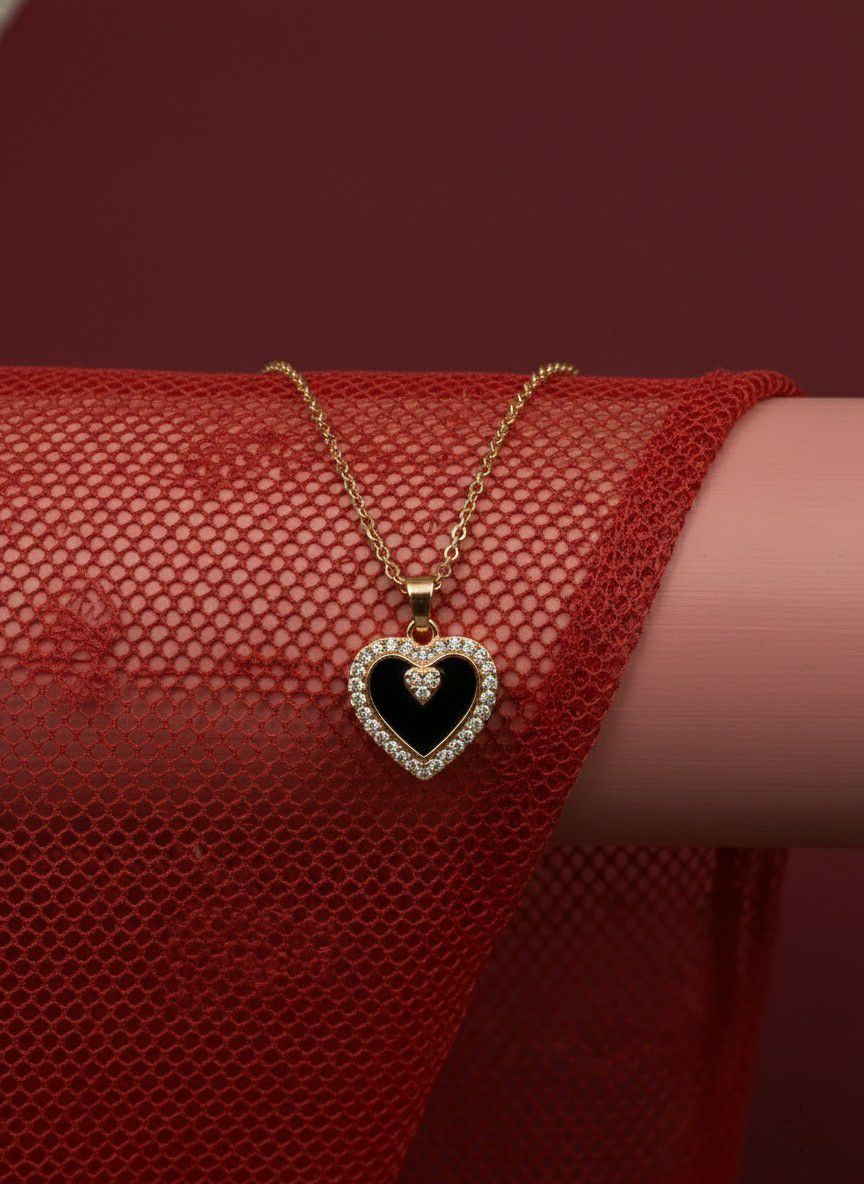 Rose Gold Plated American Diamond Heart Pendant Chain for Women | Short Heart Necklace | Brass & Steel Jewellery | CP-35
