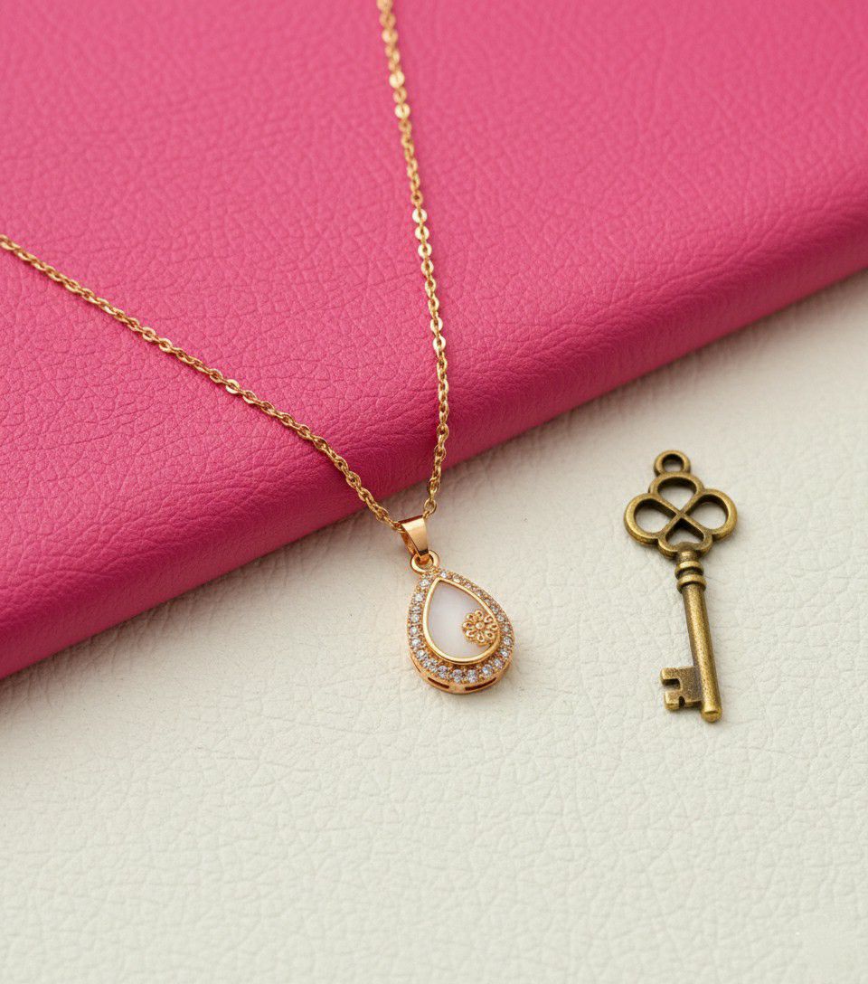 Rose Gold Plated American Diamond Pendant Chain for Women | Minimal Short Pendant Necklace | Brass & Steel Jewellery | CP-36