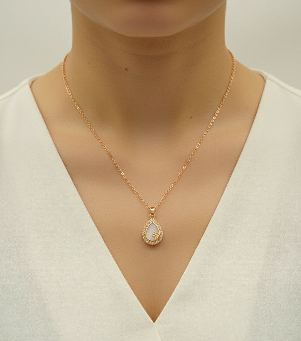 Rose Gold Plated American Diamond Pendant Chain for Women | Minimal Short Pendant Necklace | Brass & Steel Jewellery | CP-36