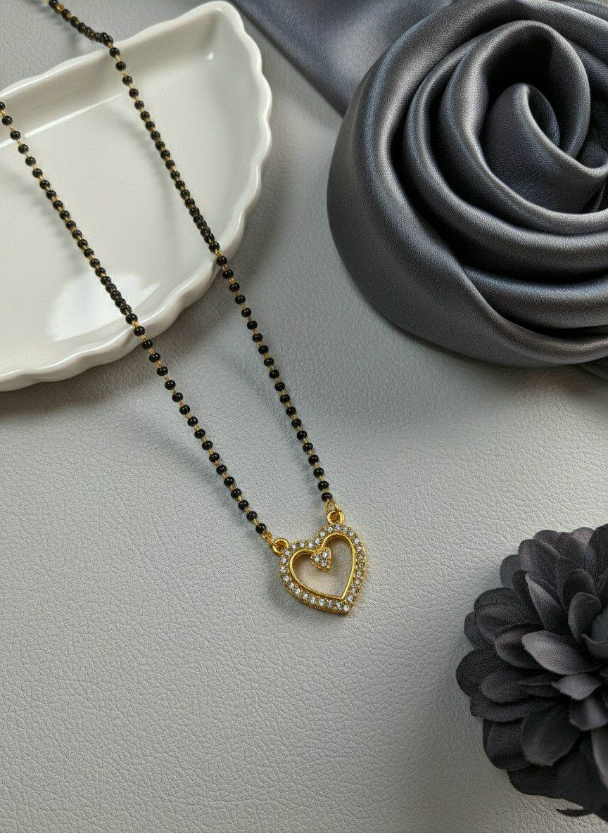 Gold Plated American Diamond Heart Mangalsutra for Women | Short Single Strand Daily Wear Mangalsutra | Brass Jewellery | M-34