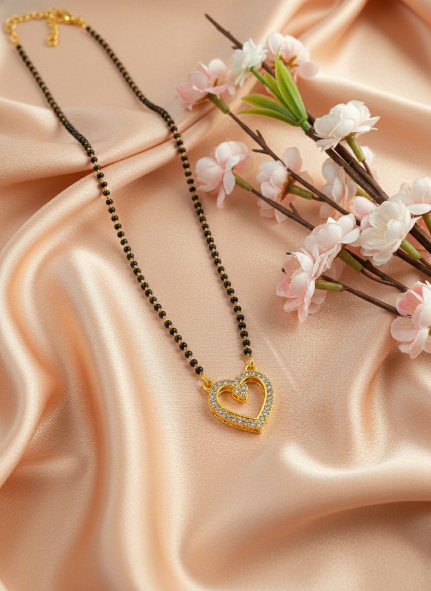 Gold Plated American Diamond Heart Mangalsutra for Women | Short Single Strand Daily Wear Mangalsutra | Brass Jewellery | M-34