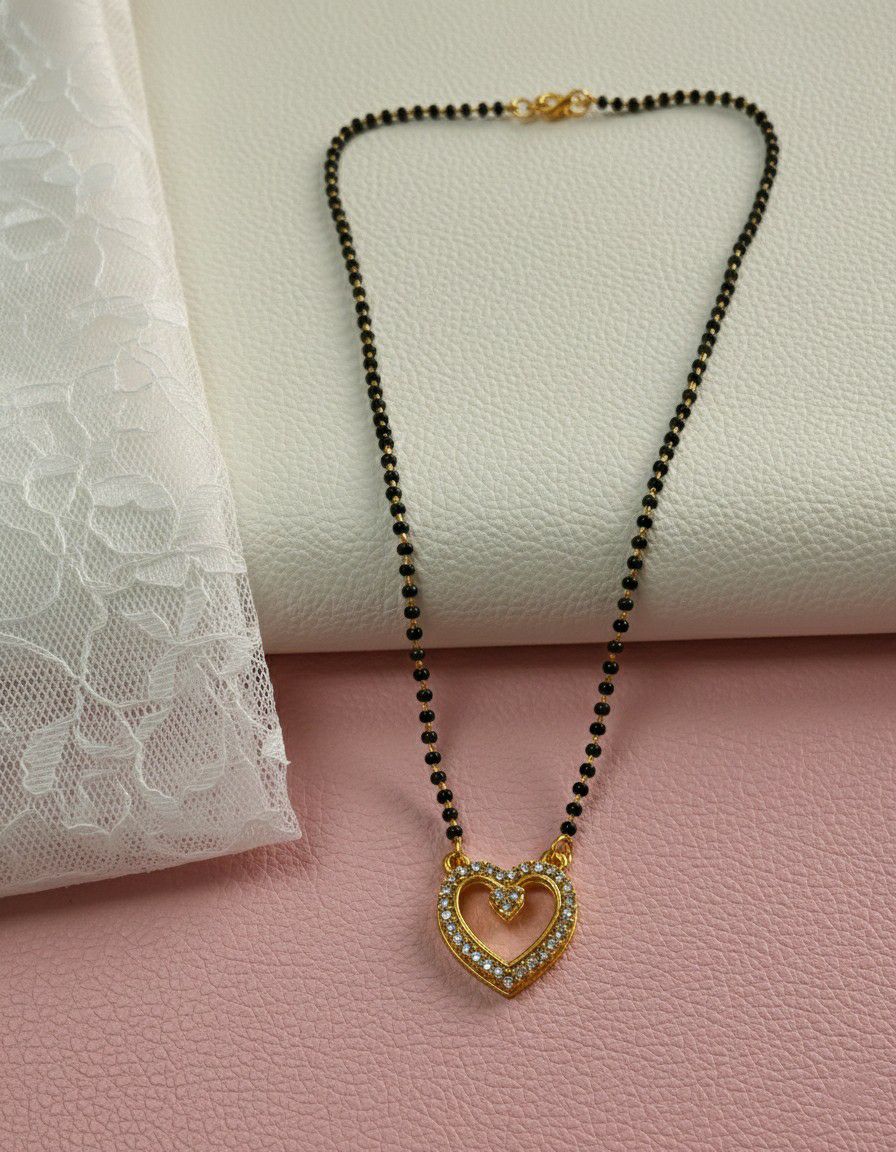 Gold Plated American Diamond Heart Mangalsutra for Women | Short Single Strand Daily Wear Mangalsutra | Brass Jewellery | M-34