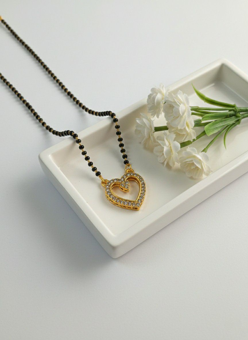 Gold Plated American Diamond Heart Mangalsutra for Women | Short Single Strand Daily Wear Mangalsutra | Brass Jewellery | M-34