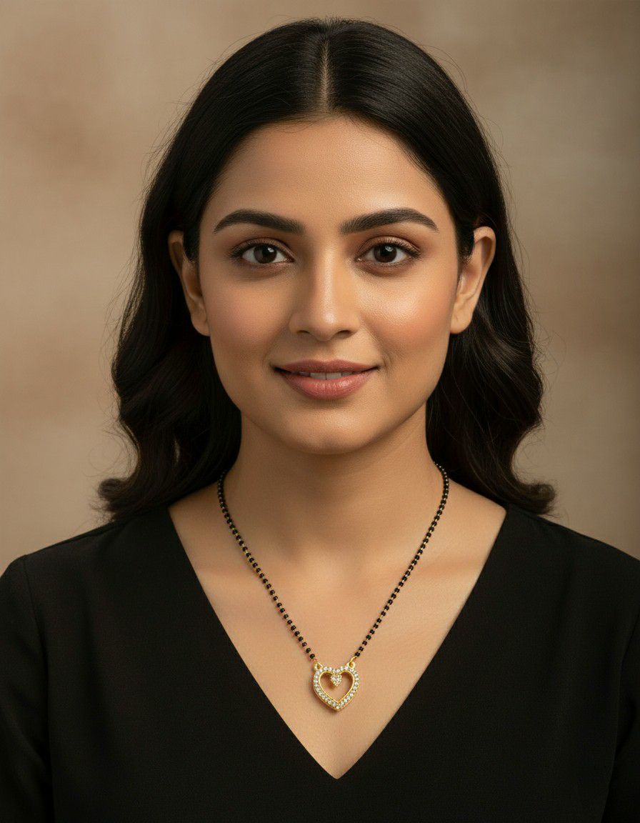 Gold Plated American Diamond Heart Mangalsutra for Women | Short Single Strand Daily Wear Mangalsutra | Brass Jewellery | M-34