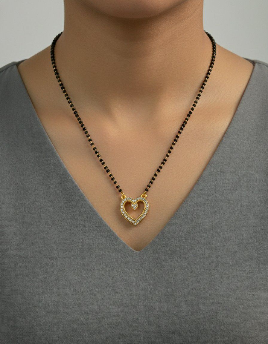 Gold Plated American Diamond Heart Mangalsutra for Women | Short Single Strand Daily Wear Mangalsutra | Brass Jewellery | M-34