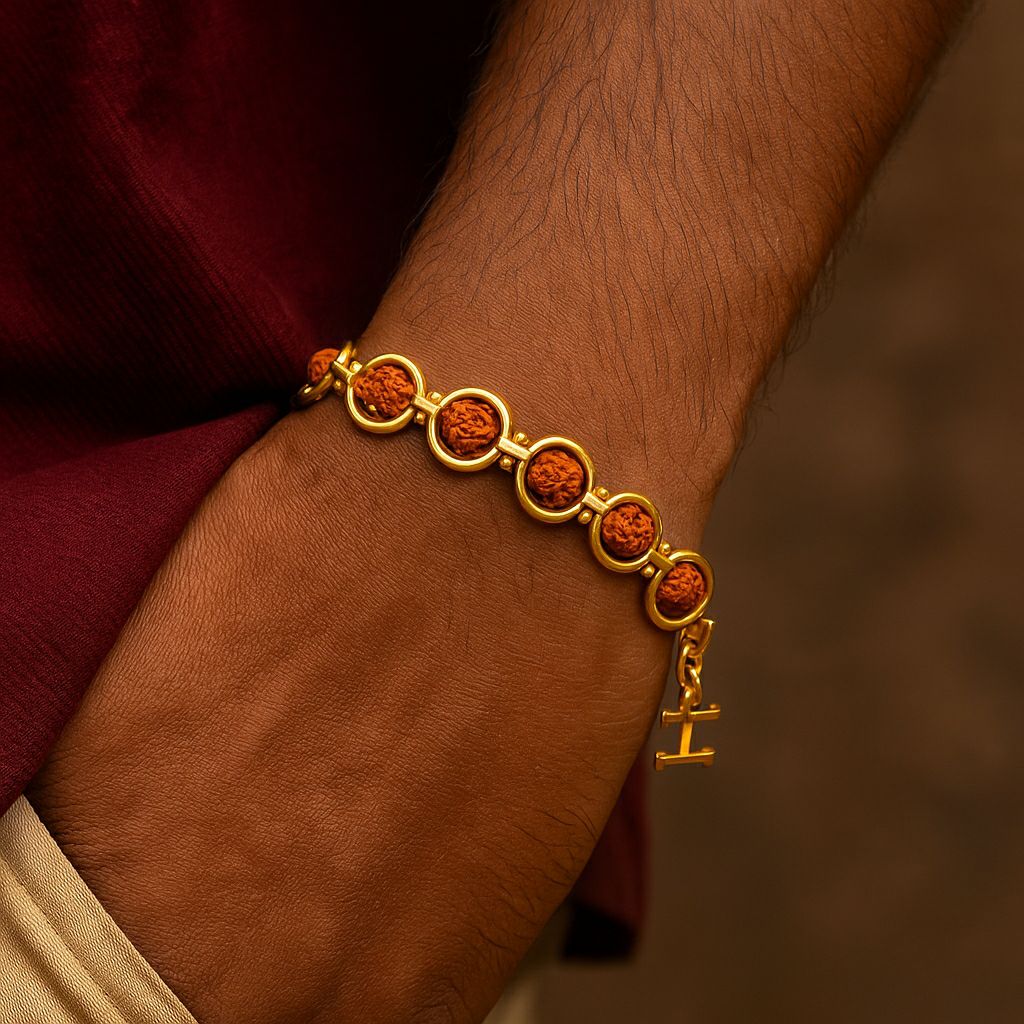 Gold Plated Rudraksha Bracelet for Men | Brass Gents Bracelet | Traditional Gold Finish Men's Jewellery | B-11