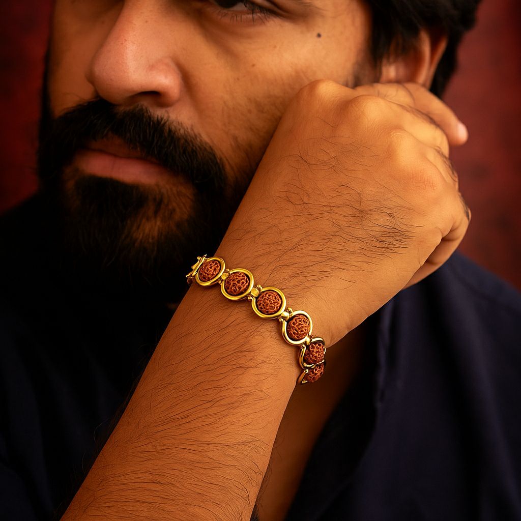 Gold Plated Rudraksha Bracelet for Men | Brass Gents Bracelet | Traditional Gold Finish Men's Jewellery | B-11