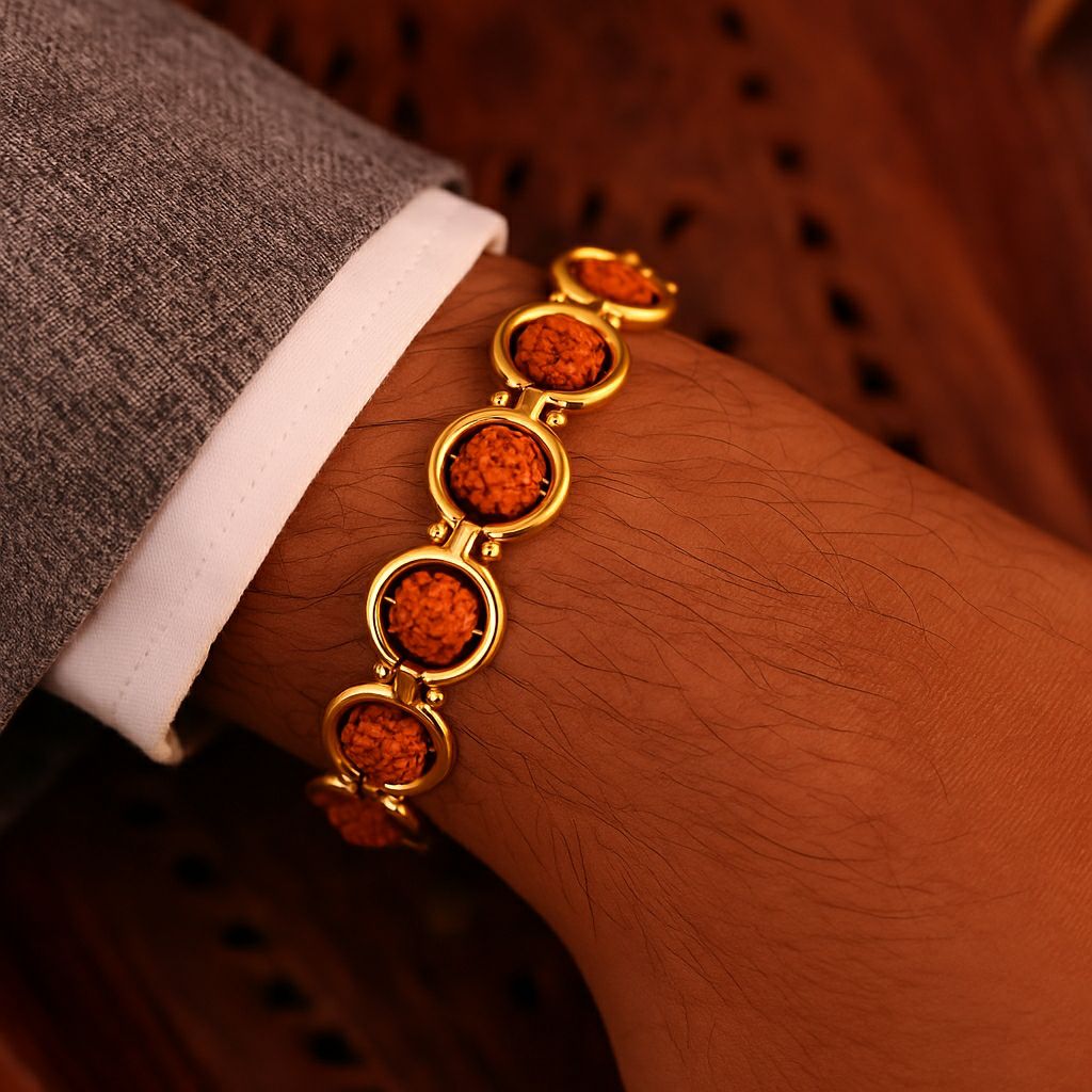 Gold Plated Rudraksha Bracelet for Men | Brass Gents Bracelet | Traditional Gold Finish Men's Jewellery | B-11