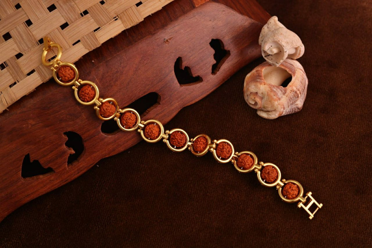 Gold Plated Rudraksha Bracelet for Men | Brass Gents Bracelet | Traditional Gold Finish Men's Jewellery | B-11