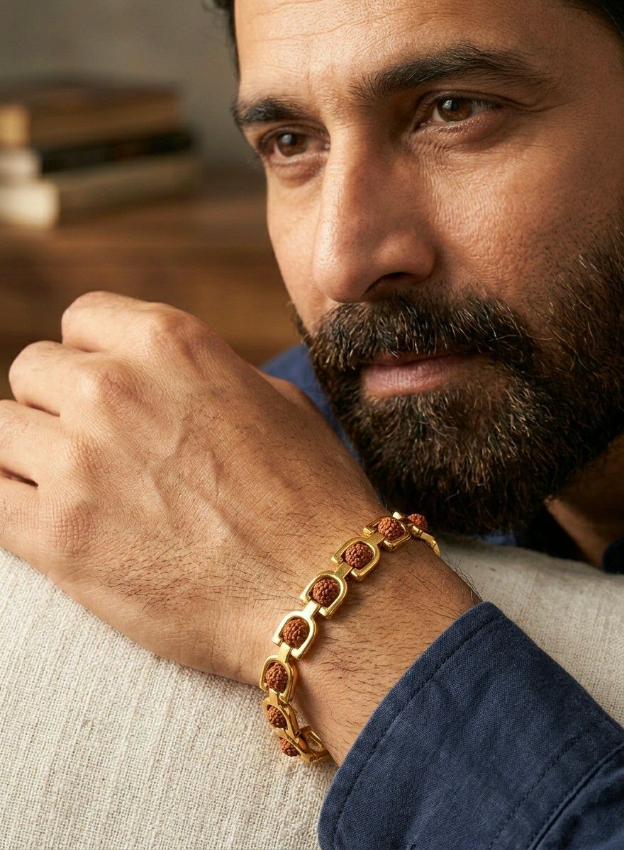 Gold Plated Rudraksha Bracelet for Men | Brass Gents Bracelet | Traditional Gold Finish Men's Jewellery | B-39