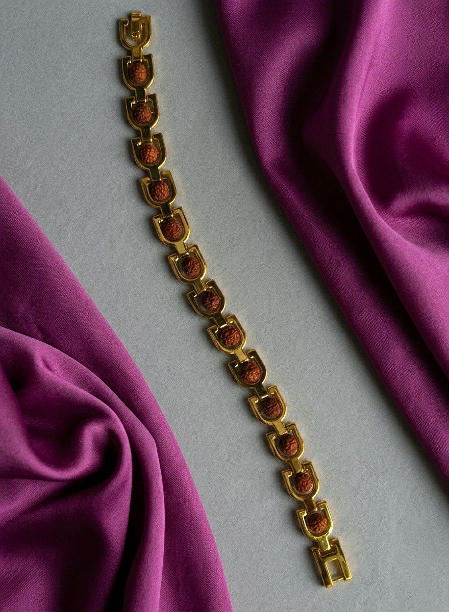 Gold Plated Rudraksha Bracelet for Men | Brass Gents Bracelet | Traditional Gold Finish Men's Jewellery | B-39