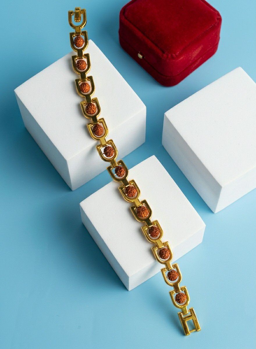 Gold Plated Rudraksha Bracelet for Men | Brass Gents Bracelet | Traditional Gold Finish Men's Jewellery | B-39