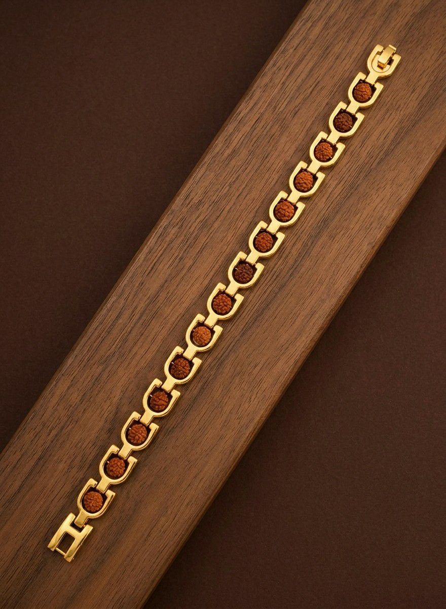 Gold Plated Rudraksha Bracelet for Men | Brass Gents Bracelet | Traditional Gold Finish Men's Jewellery | B-39