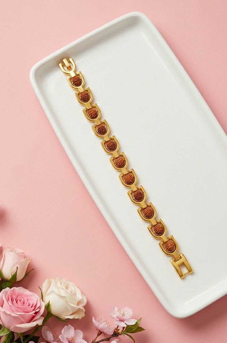 Gold Plated Rudraksha Bracelet for Men | Brass Gents Bracelet | Traditional Gold Finish Men's Jewellery | B-39