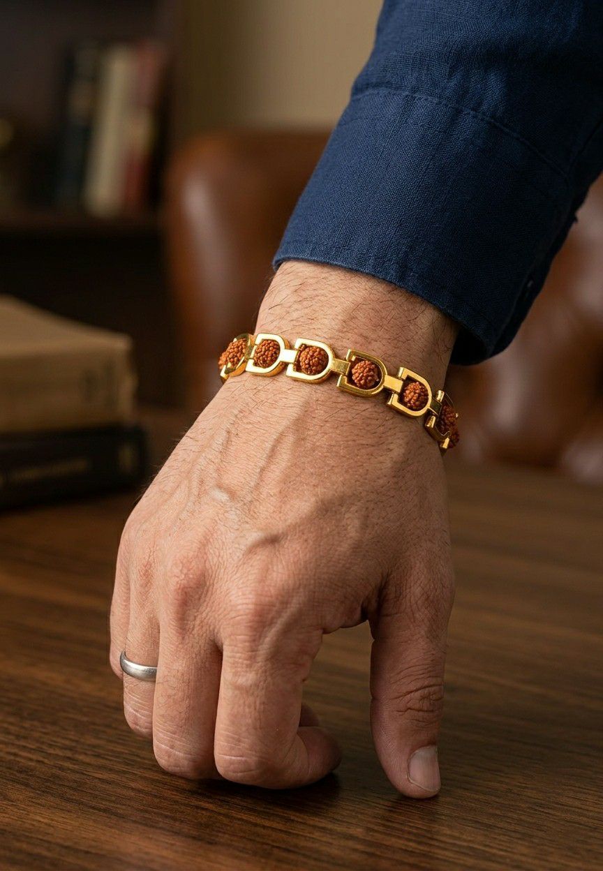Gold Plated Rudraksha Bracelet for Men | Brass Gents Bracelet | Traditional Gold Finish Men's Jewellery | B-39