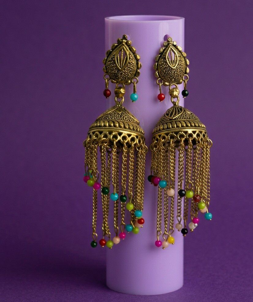 Gold Plated Traditional Jhumka Earrings for Women | Long Brass Ethnic Jhumki | Lightweight Party & Wedding Jewellery | EA-47