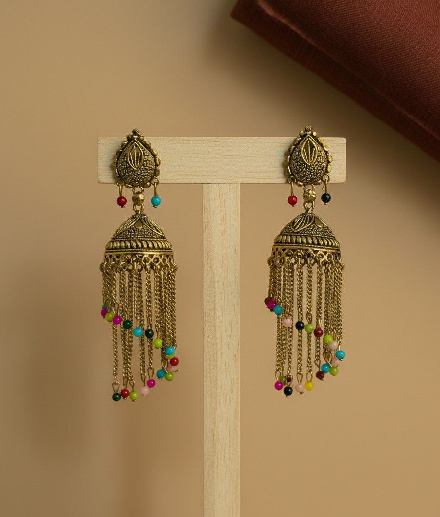 Gold Plated Traditional Jhumka Earrings for Women | Long Brass Ethnic Jhumki | Lightweight Party & Wedding Jewellery | EA-47