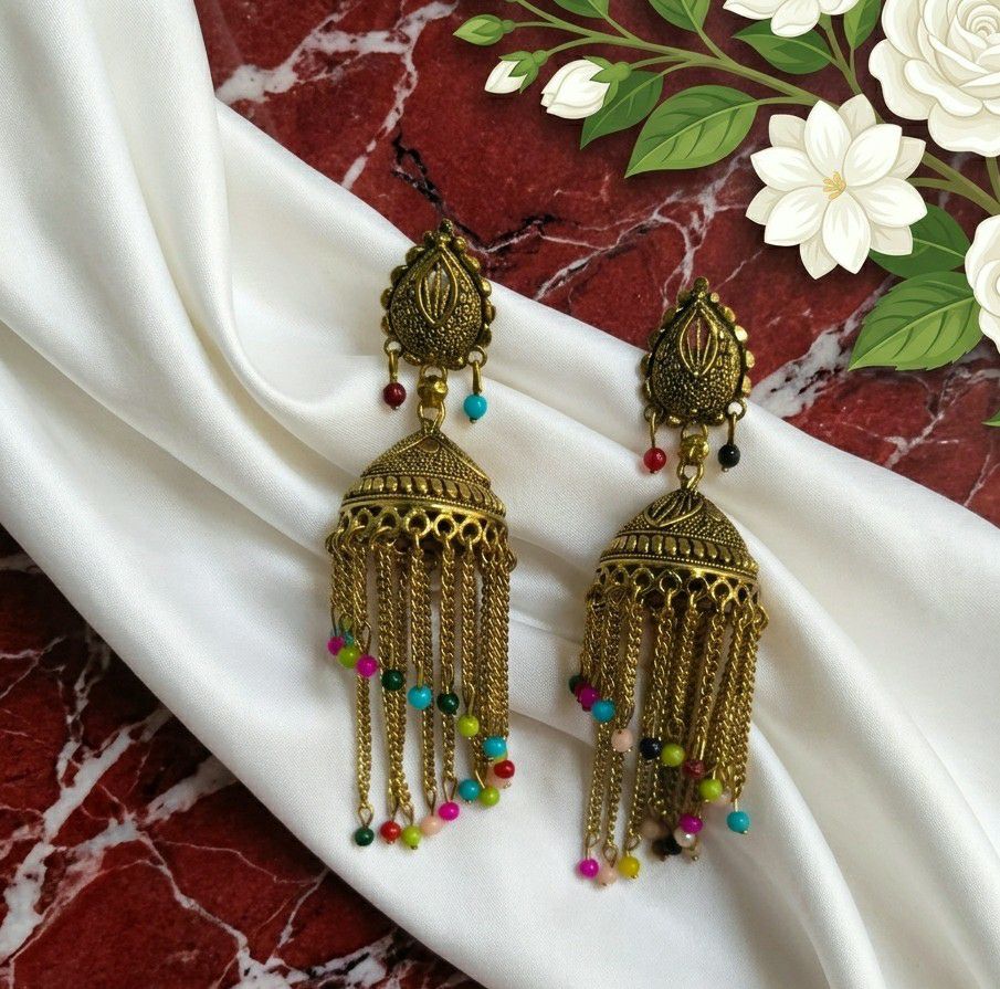 Gold Plated Traditional Jhumka Earrings for Women | Long Brass Ethnic Jhumki | Lightweight Party & Wedding Jewellery | EA-47