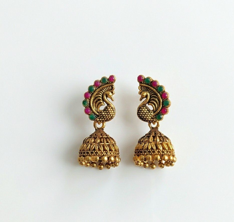 Gold Plated Peacock Jhumka Earrings for Women | Traditional Round Latkan Jhumki | Brass Ethnic Jewellery | EA-48