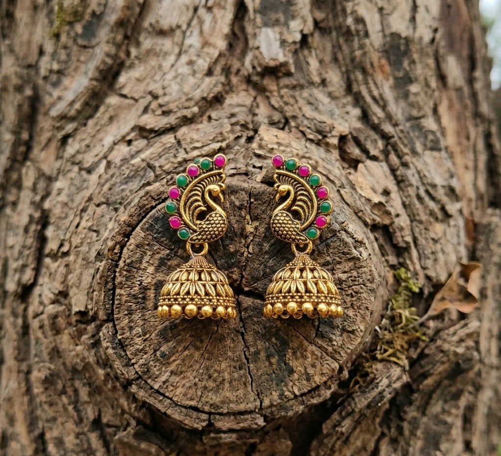 Gold Plated Peacock Jhumka Earrings for Women | Traditional Round Latkan Jhumki | Brass Ethnic Jewellery | EA-48