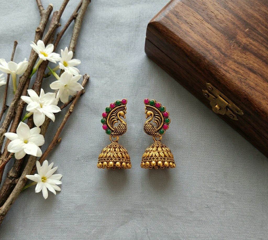 Gold Plated Peacock Jhumka Earrings for Women | Traditional Round Latkan Jhumki | Brass Ethnic Jewellery | EA-48