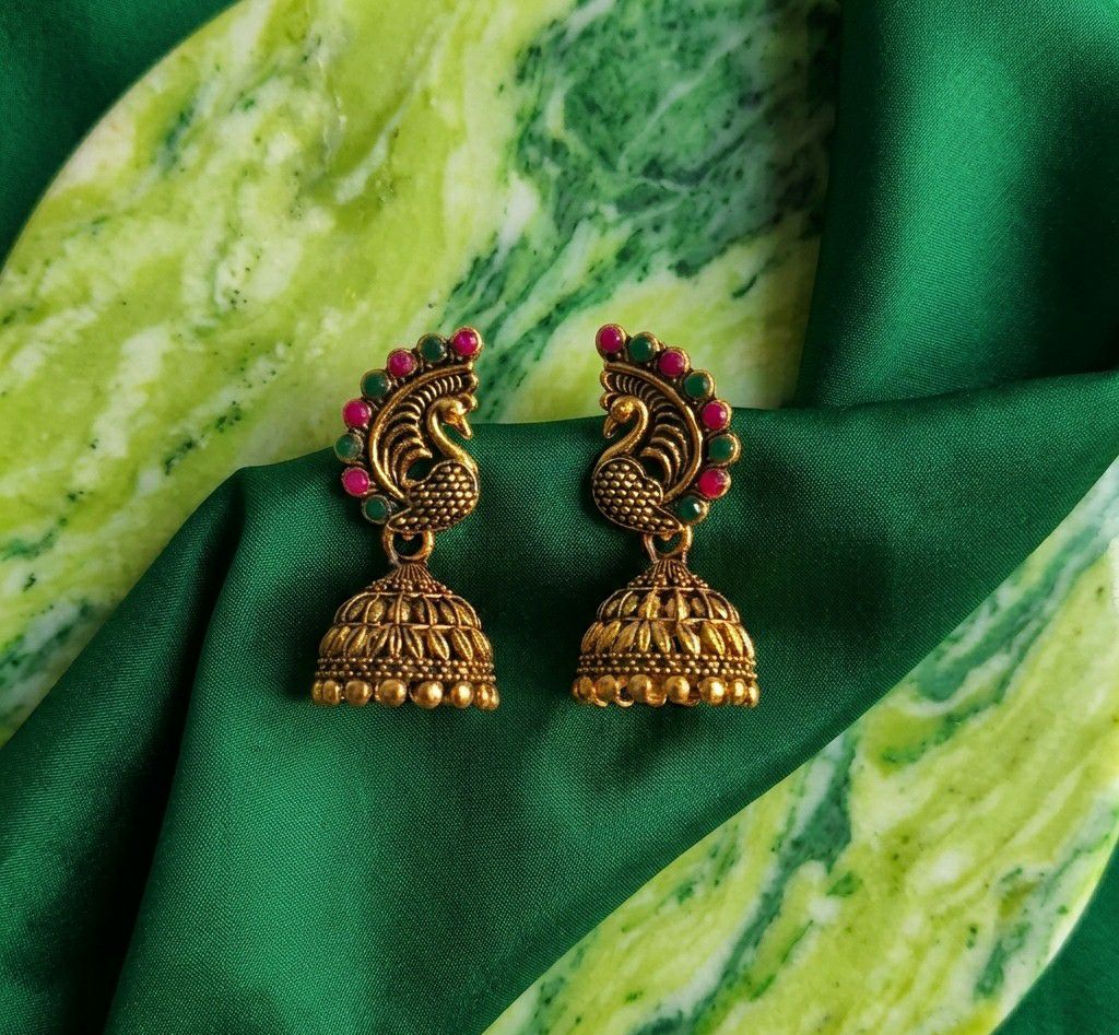 Gold Plated Peacock Jhumka Earrings for Women | Traditional Round Latkan Jhumki | Brass Ethnic Jewellery | EA-48