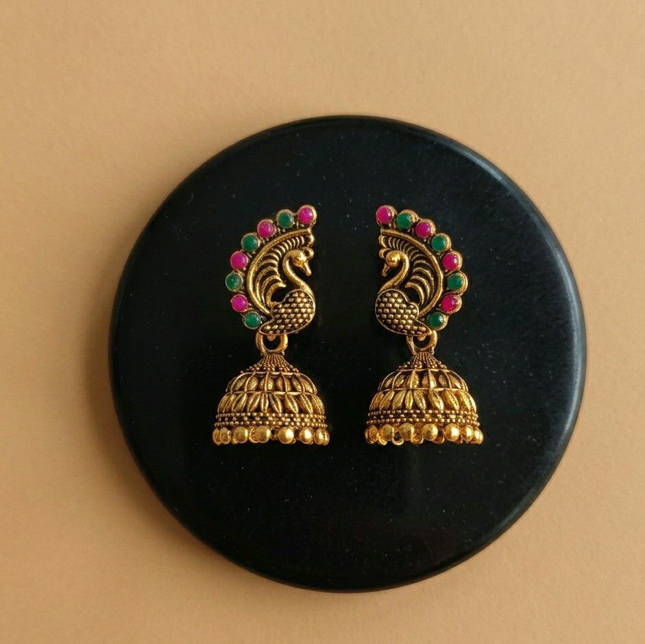 Gold Plated Peacock Jhumka Earrings for Women | Traditional Round Latkan Jhumki | Brass Ethnic Jewellery | EA-48