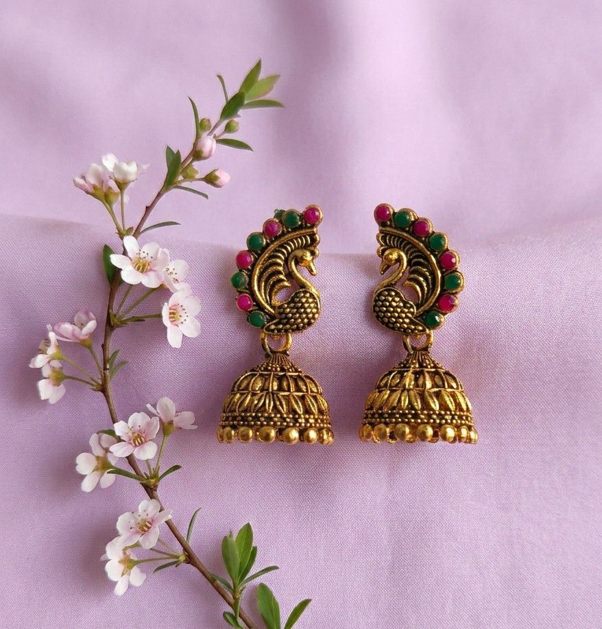 Gold Plated Peacock Jhumka Earrings for Women | Traditional Round Latkan Jhumki | Brass Ethnic Jewellery | EA-48