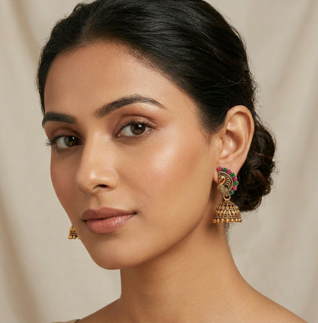 Gold Plated Peacock Jhumka Earrings for Women | Traditional Round Latkan Jhumki | Brass Ethnic Jewellery | EA-48