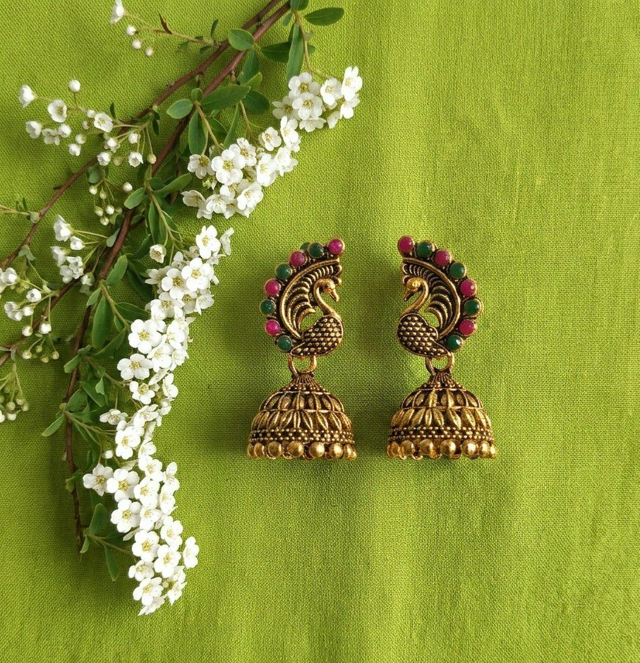 Gold Plated Peacock Jhumka Earrings for Women | Traditional Round Latkan Jhumki | Brass Ethnic Jewellery | EA-48