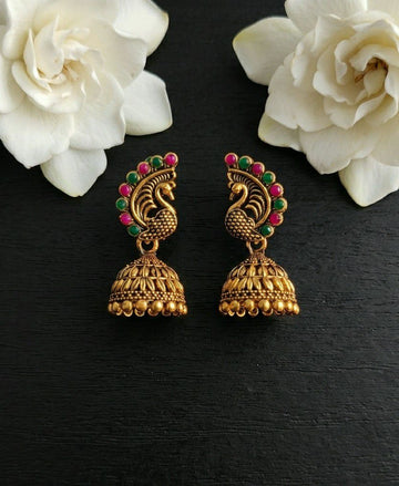 Gold Plated Peacock Jhumka Earrings for Women | Traditional Round Latkan Jhumki | Brass Ethnic Jewellery | EA-48
